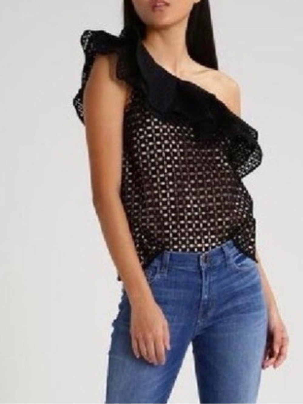 J. Crew Black One-Shoulder Eyelet Ruffle tank NWT